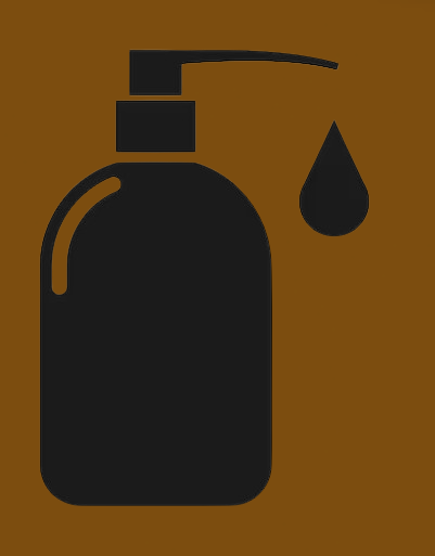 A black silhouette of a bottle with a droplet on it.